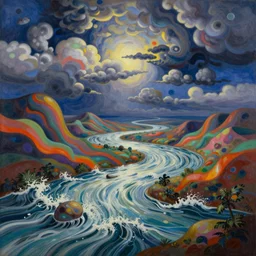 Psychedelic sci-fi dreamworld. Landscape painting. Organic. Winding rushing water. Waves. Clouds. Landscape by Wayne Thiebaud. Matisse.