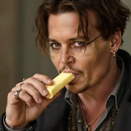 photography of johnny depp eating butter sticks, deep focus, intricate, elegant, highly detailed, digital painting, artstation, concept art, matte, sharp focus, illustration, hearthstone, art by artgerm and greg rutkowski and alphonse mucha