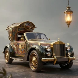 steampunk rolls royce, intricate detail, hyper detailed, ultra realistic, sharp focus, smooth, octane render, lantern, volumetric, ray tracing, artstation trending, cgsociety, sense of awe, mystical, by alphonse mucha, midsommar 4 k