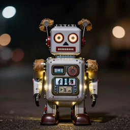 high quality presentation night photo of an illuminated cute retro toy robot teddy bear, photography 4k, f1.8 anamorphic, bokeh, 4k, Canon, Nikon