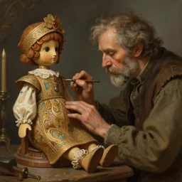 a tired old man painting a wooden doll, deep focus, d & d, fantasy, intricate, elegant, highly detailed, digital painting, artstation, concept art, matte, sharp focus, illustration, hearthstone, art by artgerm and greg rutkowski and alphonse mucha