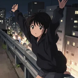 anime visual, portrait of a young black haired girl wearing hoodie sightseeing above the urban city, guardrail, cute face by yoh yoshinari, katsura masakazu, dramatic lighting, dynamic pose, dynamic perspective, strong silhouette, ilya kuvshinov, anime cels, 1 8 mm lens, fstop of 8, rounded eyes, moody, detailed