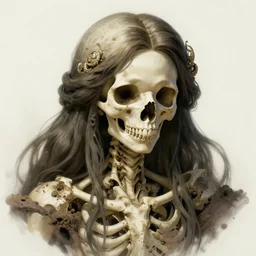 stunning ghibli goddess of skull portrait, skull, bones, dirt, fantasy, intricate, elegant, highly detailed, digital painting, artstation, concept art, smooth, sharp focus, illustration, art by afshar petros and krenz cushart and artem demura