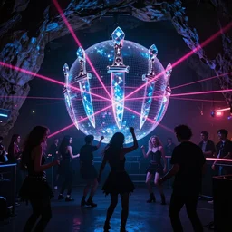 cinematic shot of a goth disco nightclub in a cave, (((sphere of holographic knives))) made of pink lasers and blue crystals, goth people dancing, 8k photograph
