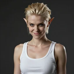 action shot. cute but dangerous female halfling thief. crooked, cocky smirk. slicked gelled back short butch hairstyle. paleblonde hair, fair complexion, icy blue eyes. face like amber heard, angular, feminine, pretty, mischievous. young ectomorphic fit. practical fitted white tanktop. cinematic realism. studio