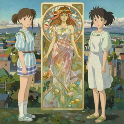 A beautiful painting of a utopian city by Alfons Maria Mucha and Julie Dillon and Makoto Shinkai