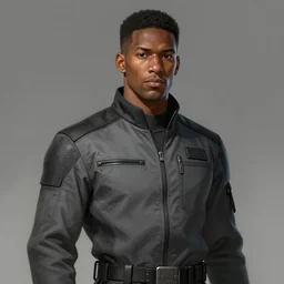 Portrait of a man by Greg Rutkowski, he is about 30 years old, black, short black hair, manly, attractive, smart looking, tall and slim, he is wearing a utilitarian gray and black jumpsuit, highly detailed portrait, scifi, digital painting, artstation, concept art, smooth, sharp foccus ilustration, Artstation HQ