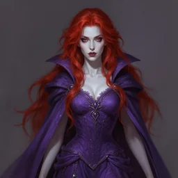 beautiful necromancer lady portrait, purple dress, cloak, pale skin, red wild hair, fantasy, intricate, elegant, highly detailed, digital painting, artstation, concept art, smooth, sharp focus, illustration, art by afshar petros, krenz cushart, artem demura