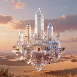an amazingly stunning picture of a floating transparent crystal town in the middle of a desert, intricate detail, sunset, serene, volumetric lighting, volumetric clouds, 8 k, photorealistic, digital art trending on artstation