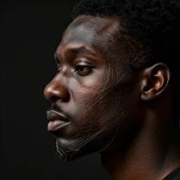 a black man's face in profile, made of guitar stringe, in the style of the Dutch masters and Gregory Crewdson, dark and moody