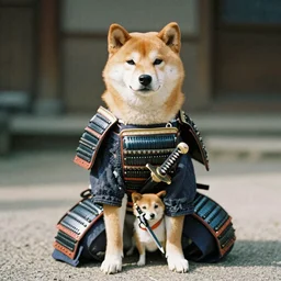 a samurai shiba inu, dog armor and a small dog katana, film portrait