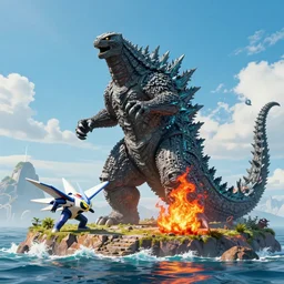 godzilla, king ghidorah, mothra, and jet jaguar fighting a fire on monster island, ultra realistic digital art, 4 k