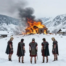5 roman soldiers looking down at a burning house in a snow filled valley, sharp, beautiful composition and lighting, sad picture