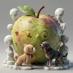 beautiful digital fantasy illustration of alien fruit, a creepy dog attacking a stuffed animal, octane render, detail texture, unreal engine, 8 k, marble sculptures, a surrealist sculpture by ryohei hase, ultra hyper realistic quality