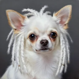 a detailed and accurate masterpiece painting of a chihuahua with white dreadlocks, white hair dreads, sharp detail, by tyler edlin, noah bradley, john j. park, jordan grimmer trending on artstation