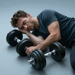 A guy is sleeping on a dumbbell , cinematic lightening, high quality, 8k , octane render