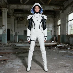 beautiful fashion model with white sci - fi tactical gear, black leather garment, hologram sci - fi hood, full shot fashion photography, moldy abandoned factory, by irving penn and storm thorgerson, ren heng, peter elson