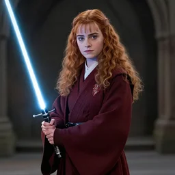Ginny Weasley as a Jedi, wearing Jedi robes, holding a lightsaber