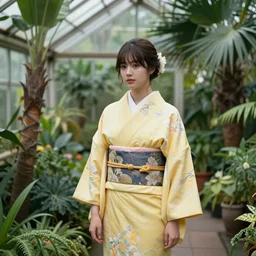 photograph of a young woman wearing a yellow kimono in a tropical greenhouse, by Carl Larsson , by james gurney, by john william waterhouse, by John Singer Sargent , Extremely detailed. 4K. 85 mm lens