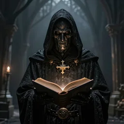 black magic sorcerer with a book of spells, dramatic, death, cinematic, ultra realistic, highly detailed, trending on artstation