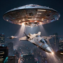 jets attacking an ufo, unreal engine, cinematic lighting, texture rust, texture electronic circuit, texture city at night, spaceship