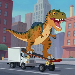 animated tyrannosaurus skateboarding on a truck through new York City, cartoon, 1993, by amblimation, by universal pictures