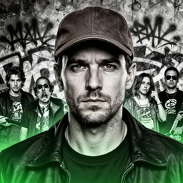 highly detailed portrait of beautiful christian slater, stubble, old, as mr robot, brown cap, by atey ghailan, by greg rutkowski, by greg tocchini, by james gilleard, by joe fenton, by kaethe butcher, gradient green, black and white color scheme, grunge aesthetic!!! ( ( graffiti tag wall background ) )