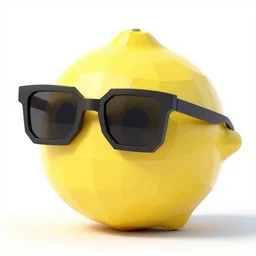a low poly render of a lemon wearing sunglasses, white background