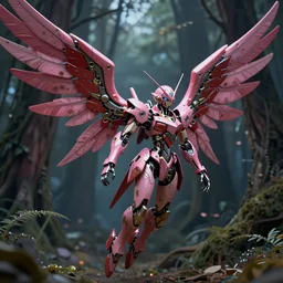 a metal insect like of female mecha saints with huge wings flying in the fantasy forest is in pink and red collection by merriam, daniel, intricate mechanical details, futuristic, 2 k aesthetic, dramatic lighting, concept art, 4 k, 3 d octane render, provenance, detailed, trending on artstation