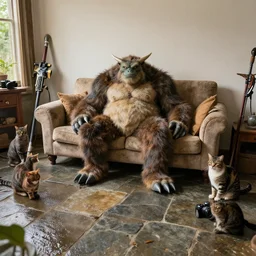 Nergigante couch in a wet tiled stone floor living room, surrounded by palico cats and monster hunting weapons, furniture photography, 4k, DSLR camera photo