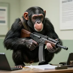 photo of a chimp with a machinegun robbing a bank