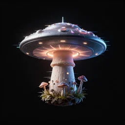 mushroom ufo logo on black background, 3d, trippy glitched digital art, artstation, cgsociety