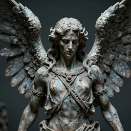 photo taken of an epic intricate, ultra detailed, super realistic gritty, terrifying, lifelike sculpture of a biblical correct winged angel design created by weta workshop, zoomed in shots, photorealistic, sharp focus, cold colour temperature, f 0. 4, face centred