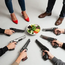 4 people, some guns, reality is collapsing, what the hell is this? red shoes, and some vegan food