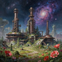 a beautiful detailed painting of artifact industrial architecture abandoned nature urbex city by kazuyo sejima, gem nature water galactic universe cyberpunk poppy azeroth cosmic alien, archdaily, wallpaper, highly detailed, trending on artstation.