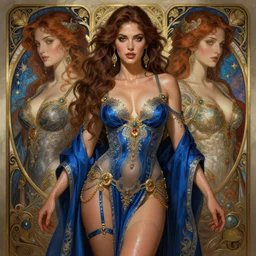 kandi burruss as a goddess, passionate, sweaty, intricate dressed in ornate blue robes and garter, lovely, intricate, highly detailed, digital painting, artstation, symmetrical, concept art, smooth, sharp focus, illustration, unreal engine 5, 8 k, art by artgerm and greg rutkowski and alphonse mucha