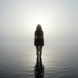 a woman, standing in shallow endless water, foggy, backlit, backlit, photo by Marat Safin, Canon EOS R3, f/1.4, ISO 200, 1/160s, 8K, RAW, unedited, symmetrical balance, in-frame