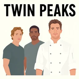 Twin Peaks poster artwork by Michael Whelan, Bob Larkin and Tomer Hanuka, of portrait of Channing Tatum the local pastry chef, from scene from Twin Peaks, simple illustration, domestic, nostalgic, from scene from Twin Peaks, clean, cover of New Yorker magazine