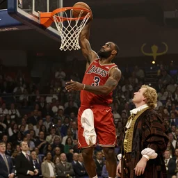 lebron james dunking over an aristocrat in the style of jan van eyck