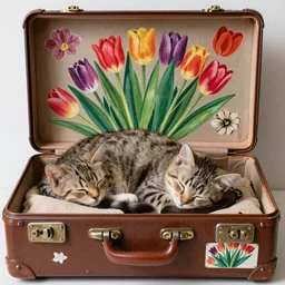 Open vintage travel suitcase with multiple stickers full of tulips and a kitten sleeping in the middle