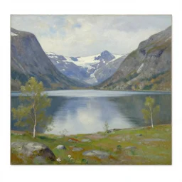 a painting of large lake in norway, spring, oil on canvas, by carl larsson