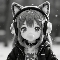 cute fumo plush of a popstar wolf girl, anime girl, idol, headphones, tomboy, artstation, bubblegum pop, black and white, snowing, vray