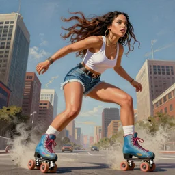 gorgeous!! hyper - realistic giant woman resembling ana de armas as bulma on roller skates destroying a city | drawn by artgerm, drawn by wlop