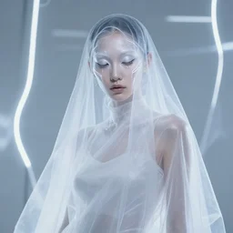 high fashion photography of a model in neo futurism white sci - fi makup, transparent cloth, beautifully lit by white neon