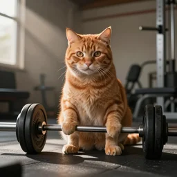 a ginger cat at the gym lifting weights, photorealistic,