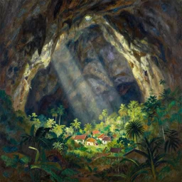 a tiny village at the bottom of deep valley by andrew atroshenko, john la farge's second paradise, tropical underground cove landscape, sun rays create shadows on the cave wall, high contrast, impressionist watercolor by john la farge and thomas cole, cinematic