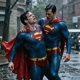 mr. rogers loses control and kills superman in a fit of rage, realistic, tragic, rainy