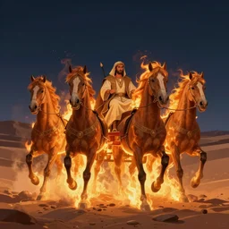Man in Biblical clothing riding a chariot of fire, horses on fire, middle eastern desert, night, cinematic, beautiful, award winning illustration