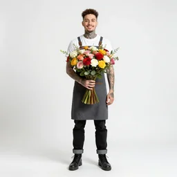 tattooed florist holding a bouquet, photorealistic portrait photography, full body, standing, isolated on a pure white background, centered, whole figure in frame, sharp focus, studio lighting