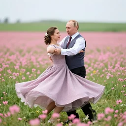 vladimir putin wearing a dress while dancing in a field of pink flowers.